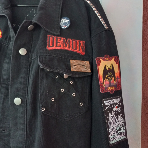 Custom plus Demon/mothman hell raiser RAGE black denim jacket! OOAK! - Picture 6 of 6